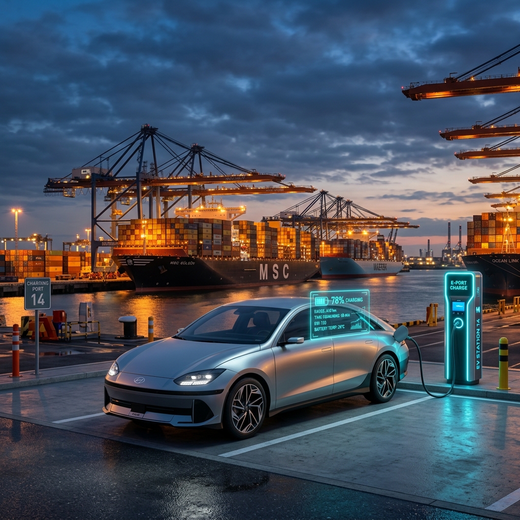 3D-Rendering eines Elektroautos mit Batterie-Hologramm im Exporthafen