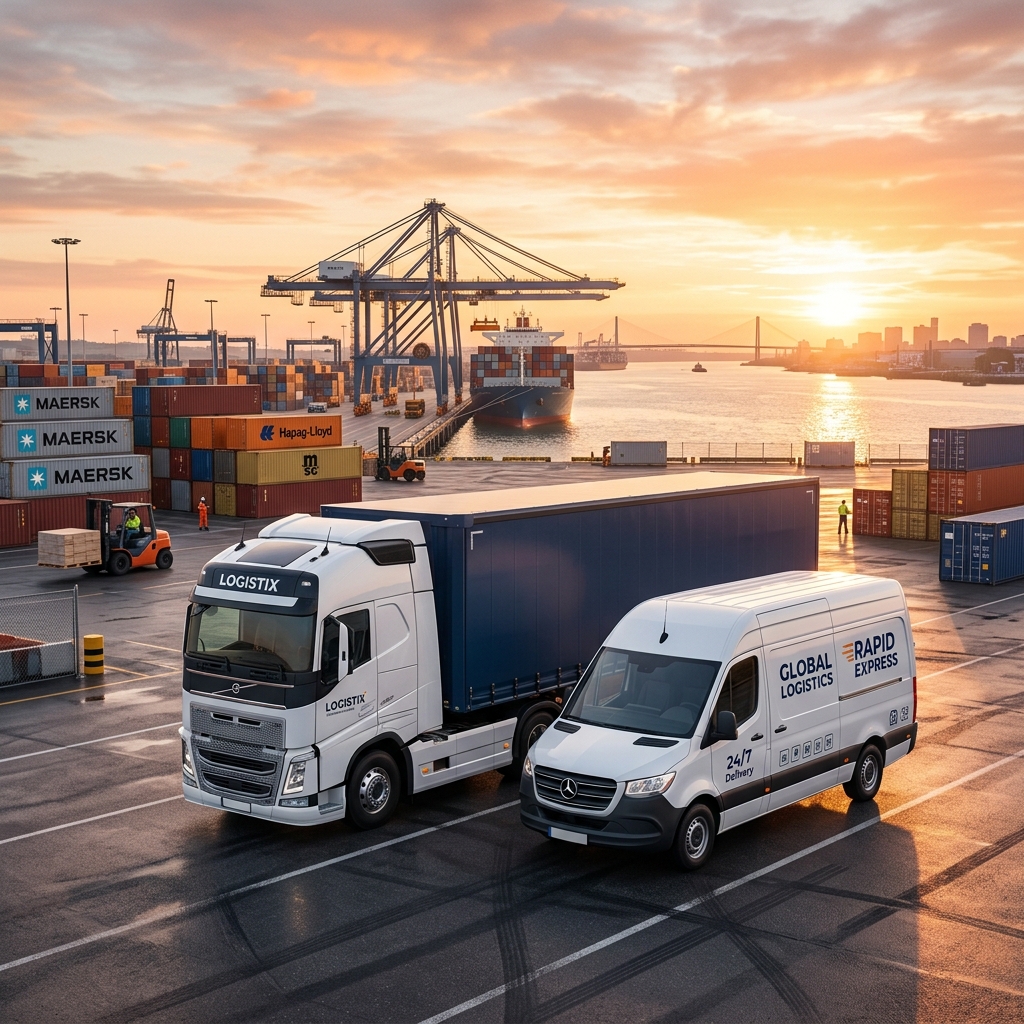 3D-Rendering eines Transporters und Lkws am Export-Terminal in Frankfurt